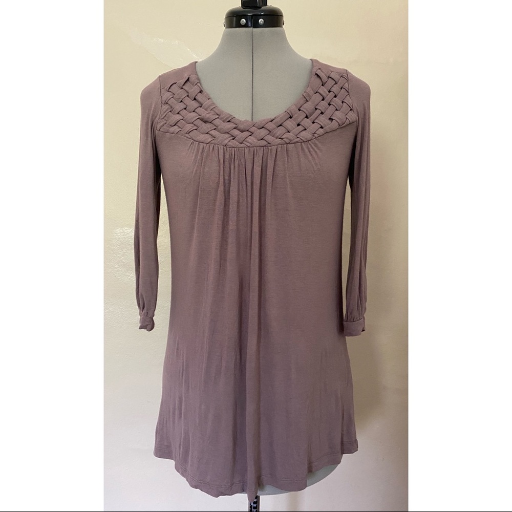 Vintage Forever 21 Jersey Lattice Woven Taupe Stone 3/4 Sleeve Babydoll Tunic S